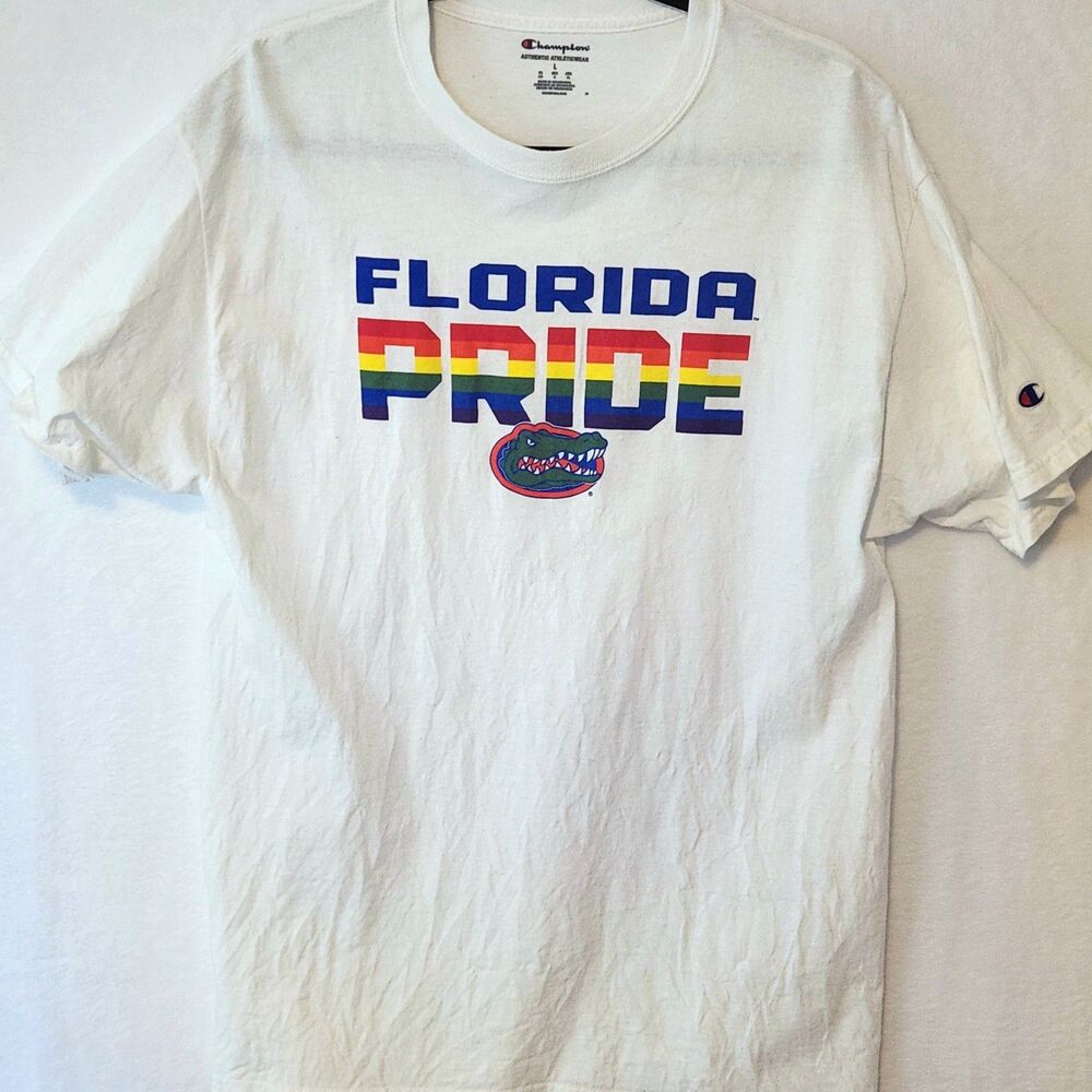 Champion Men's L White University of Florida Gators T Shirt LGBTQ Pride Rainbow